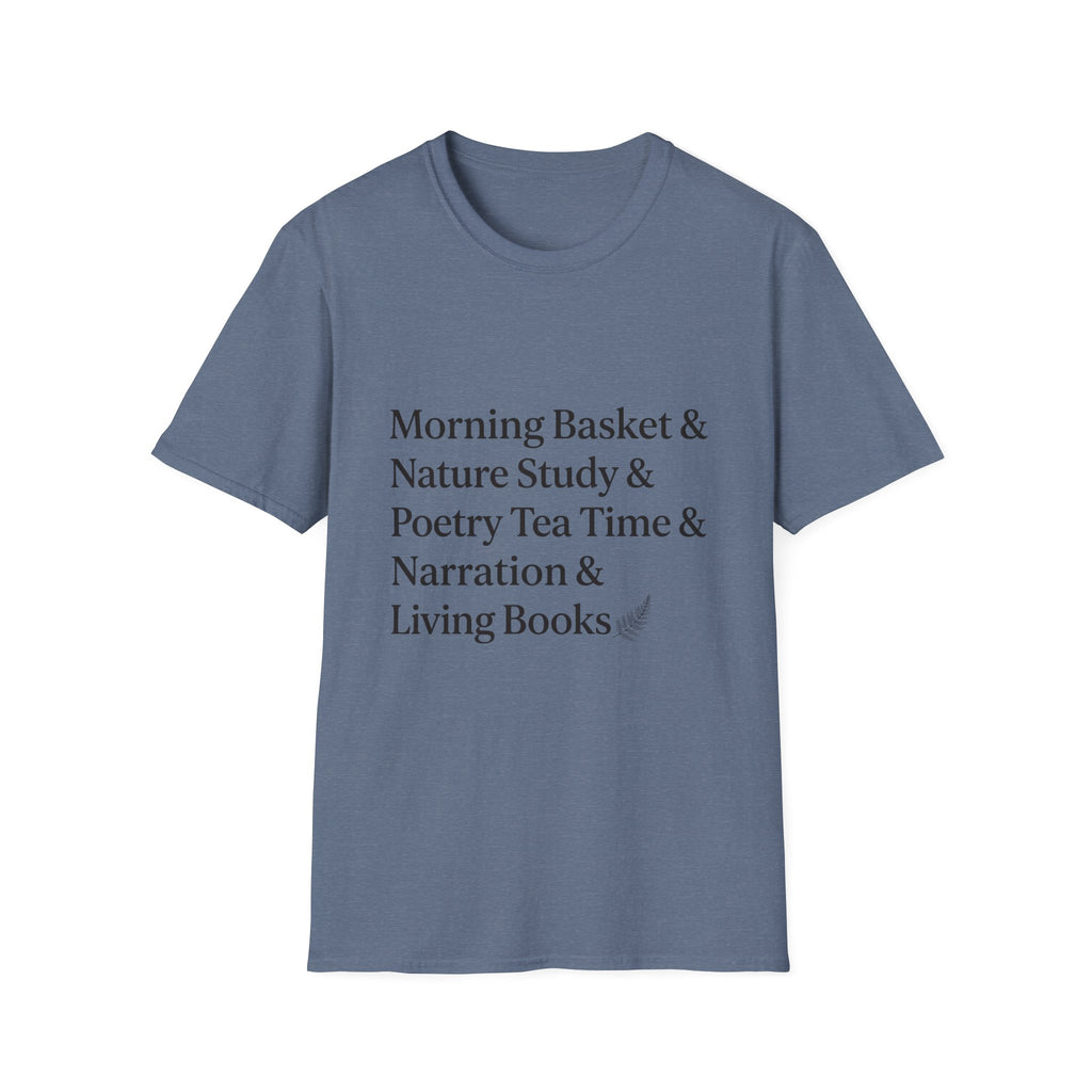 Living Books Check List homeschool mom graphic t-shirt with a playful checklist-style homeschool graphic with bookish and nature-inspired details