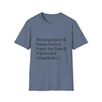 Living Books Check List homeschool mom graphic t-shirt with a playful checklist-style homeschool graphic with bookish and nature-inspired details