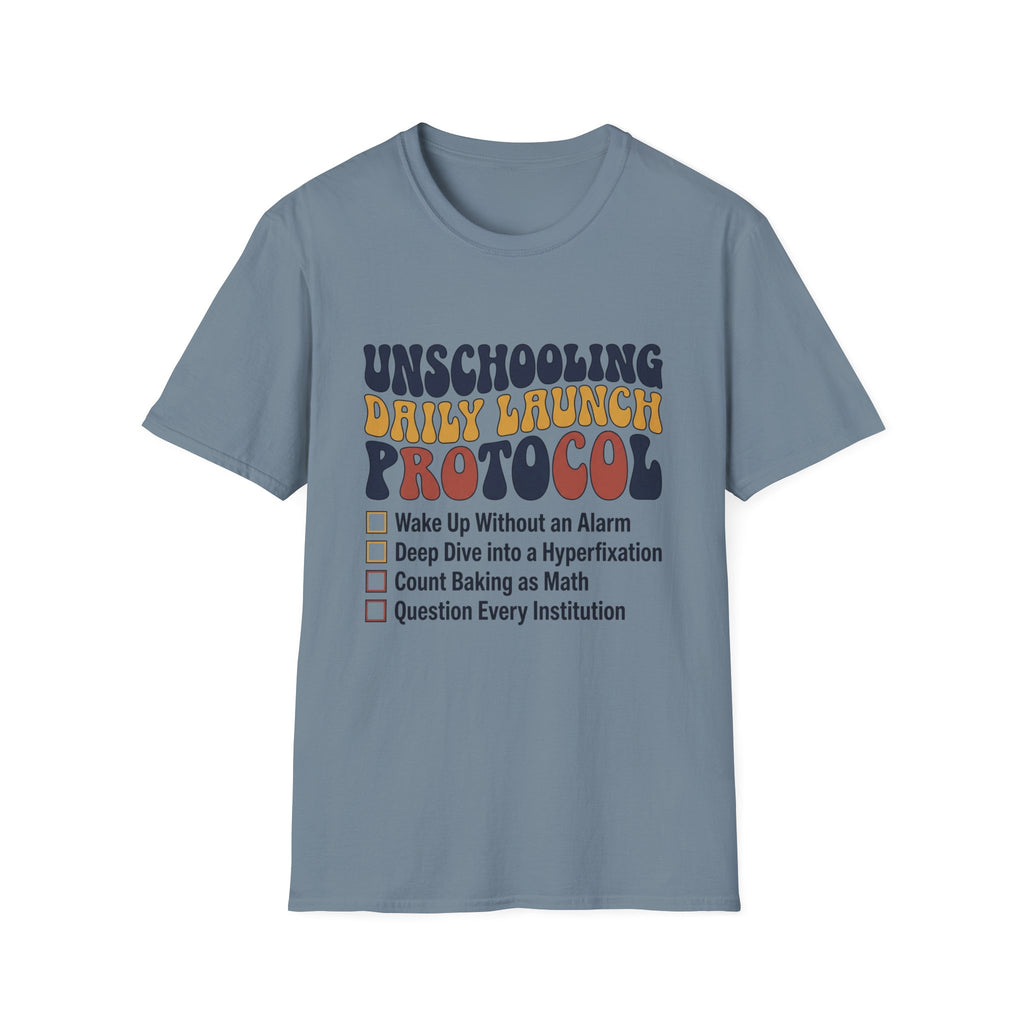 Unschooling Protocol homeschool mom graphic t-shirt with an adventurous homeschool graphic with nature, books, and outdoor learning energy