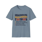 Unschooling Protocol homeschool mom graphic t-shirt with an adventurous homeschool graphic with nature, books, and outdoor learning energy