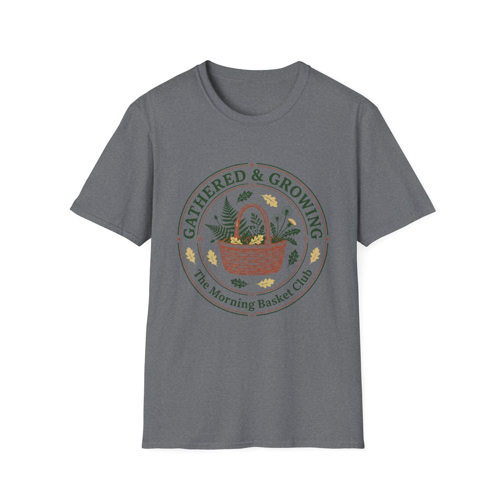 Gathered & Growing homeschool mom graphic t-shirt with a gathered-at-home inspired graphic with books, florals, and cozy family learning details