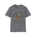 Gathered & Growing homeschool mom graphic t-shirt with a gathered-at-home inspired graphic with books, florals, and cozy family learning details