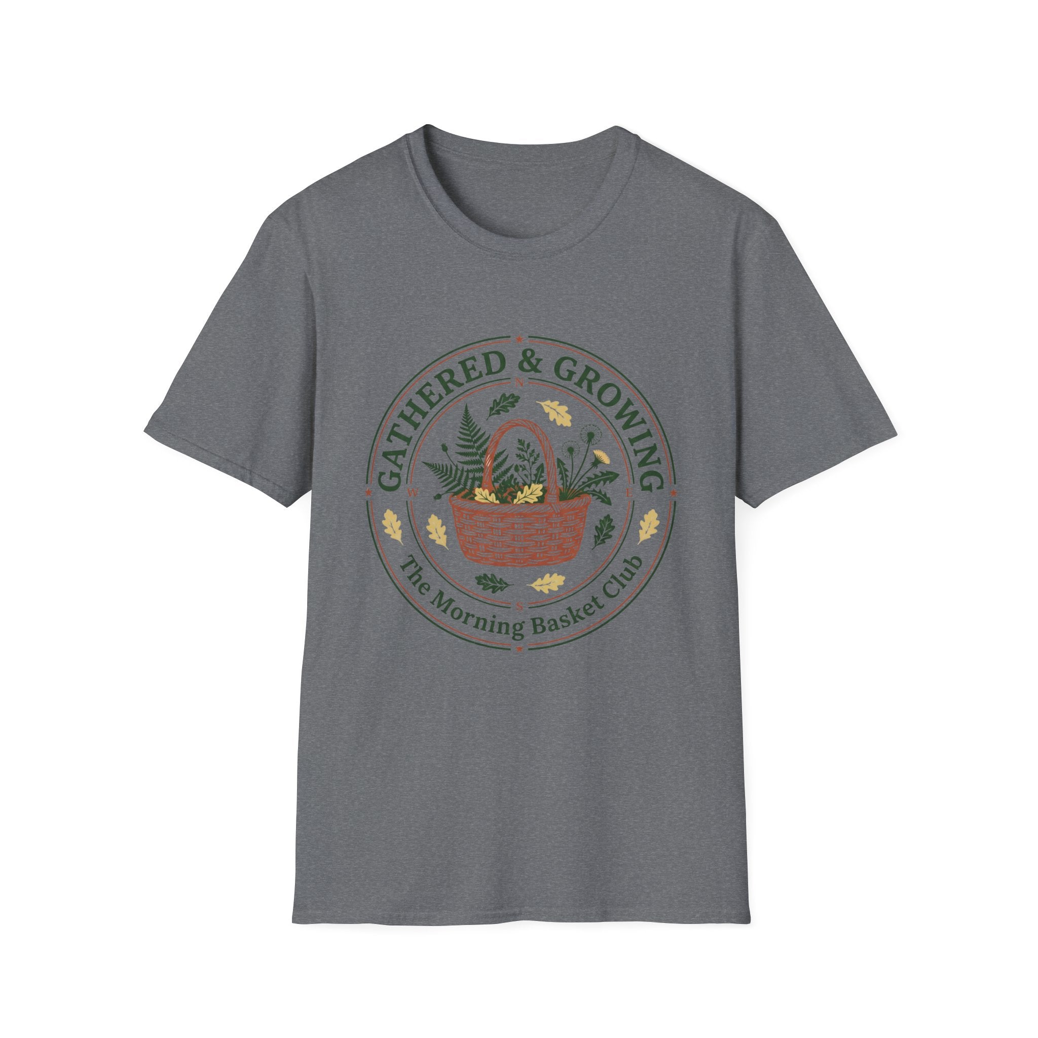 Gathered & Growing homeschool mom graphic t-shirt with a gathered-at-home inspired graphic with books, florals, and cozy family learning details