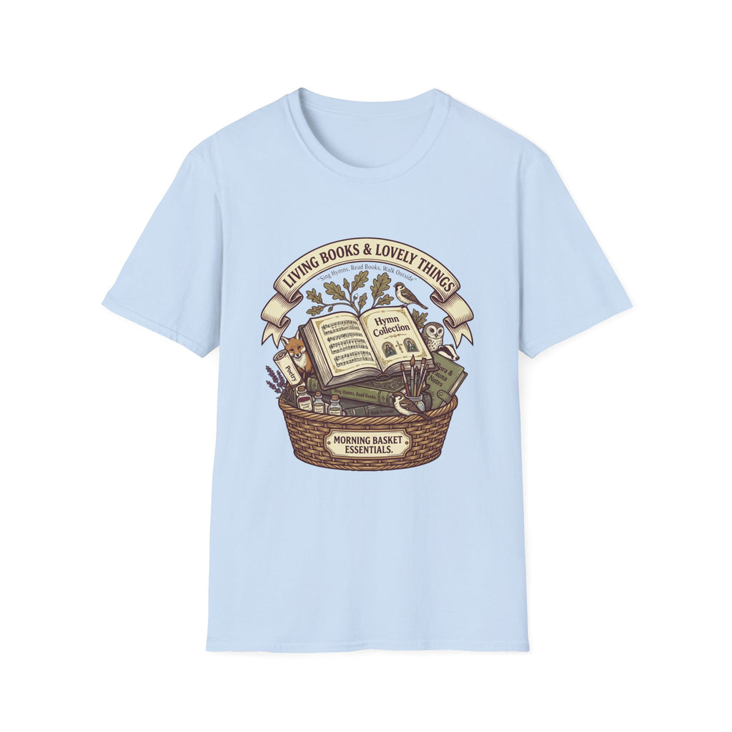 Living Books & Lovely Things homeschool mom graphic t-shirt with a Charlotte Mason-inspired design with books, nature details, and vintage homeschool charm