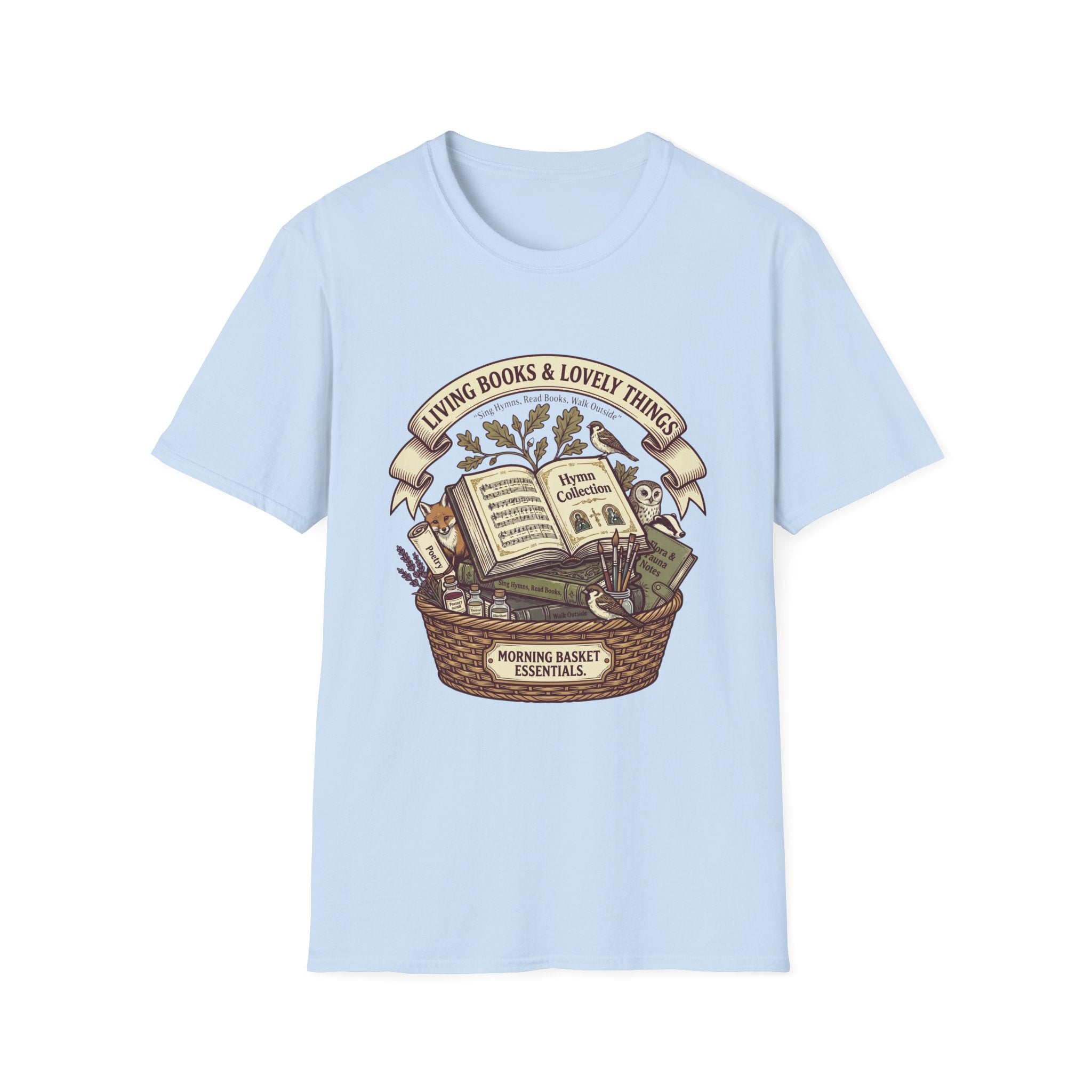 Living Books & Lovely Things homeschool mom graphic t-shirt with a Charlotte Mason-inspired design with books, nature details, and vintage homeschool charm
