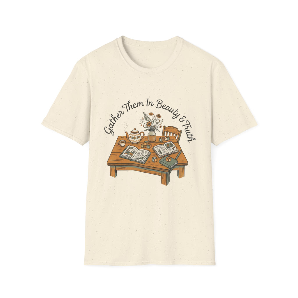 Gather Them In Beauty homeschool mom graphic t-shirt with a gathered-at-home inspired graphic with books, florals, and cozy family learning details