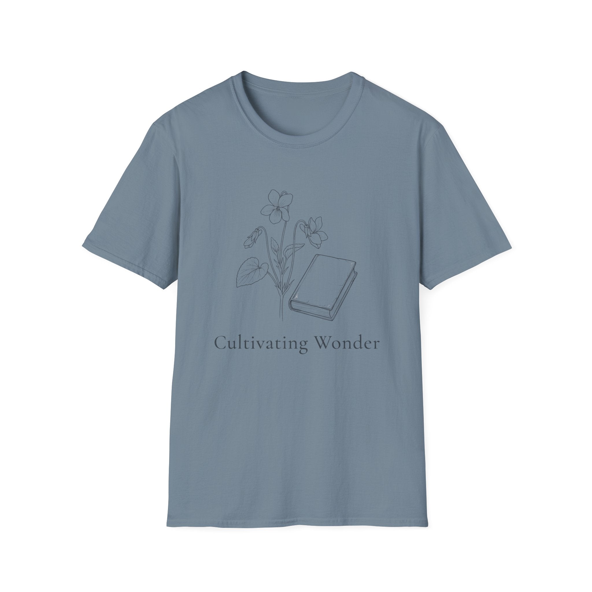 Cultivating Wonder with Flowers homeschool mom graphic t-shirt with a Charlotte Mason-inspired design with books, nature details, and vintage homeschool charm