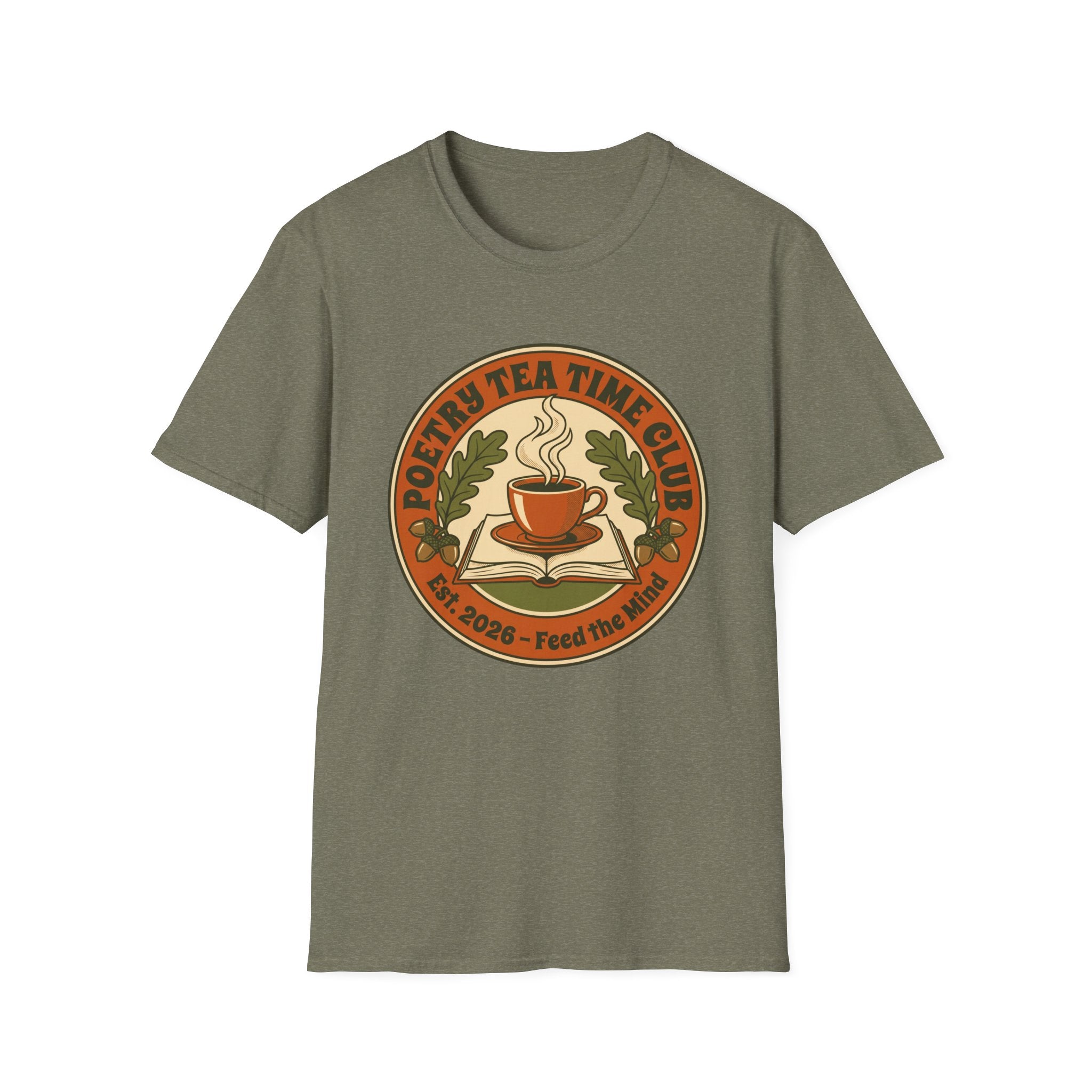 Poetry Tea Time Club homeschool mom graphic t-shirt with a cozy poetry teatime graphic with tea, books, and vintage homeschool charm