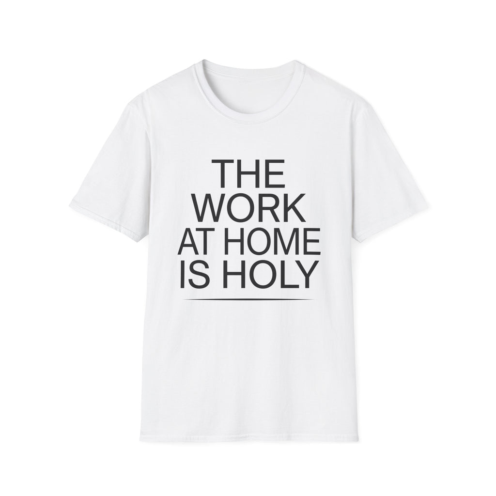 Work At Home Is Holy homeschool mom graphic t-shirt with a gathered-at-home inspired graphic with books, florals, and cozy family learning details