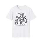 Work At Home Is Holy homeschool mom graphic t-shirt with a gathered-at-home inspired graphic with books, florals, and cozy family learning details
