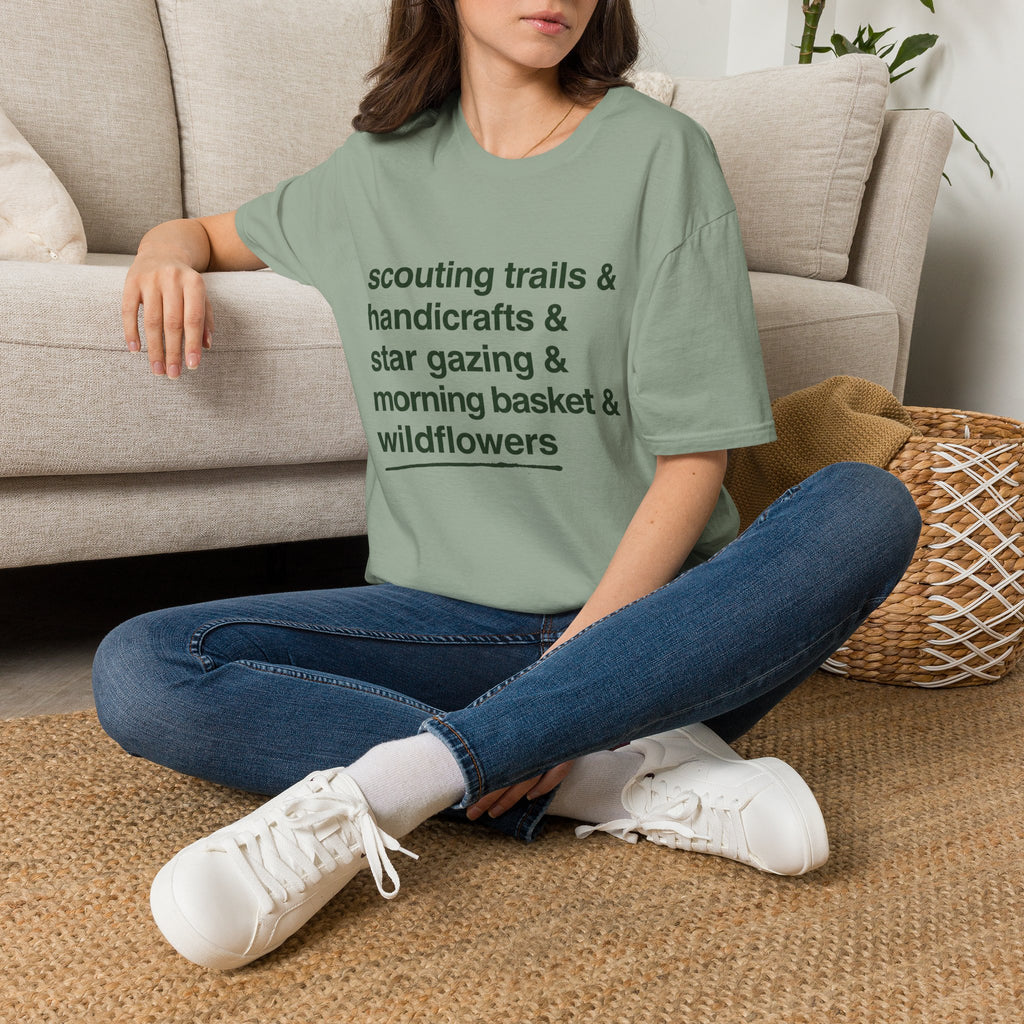 Scouting Trails Check List homeschool mom graphic t-shirt with a playful checklist-style homeschool graphic with bookish and nature-inspired details