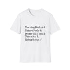 Living Books Check List homeschool mom graphic t-shirt with a playful checklist-style homeschool graphic with bookish and nature-inspired details
