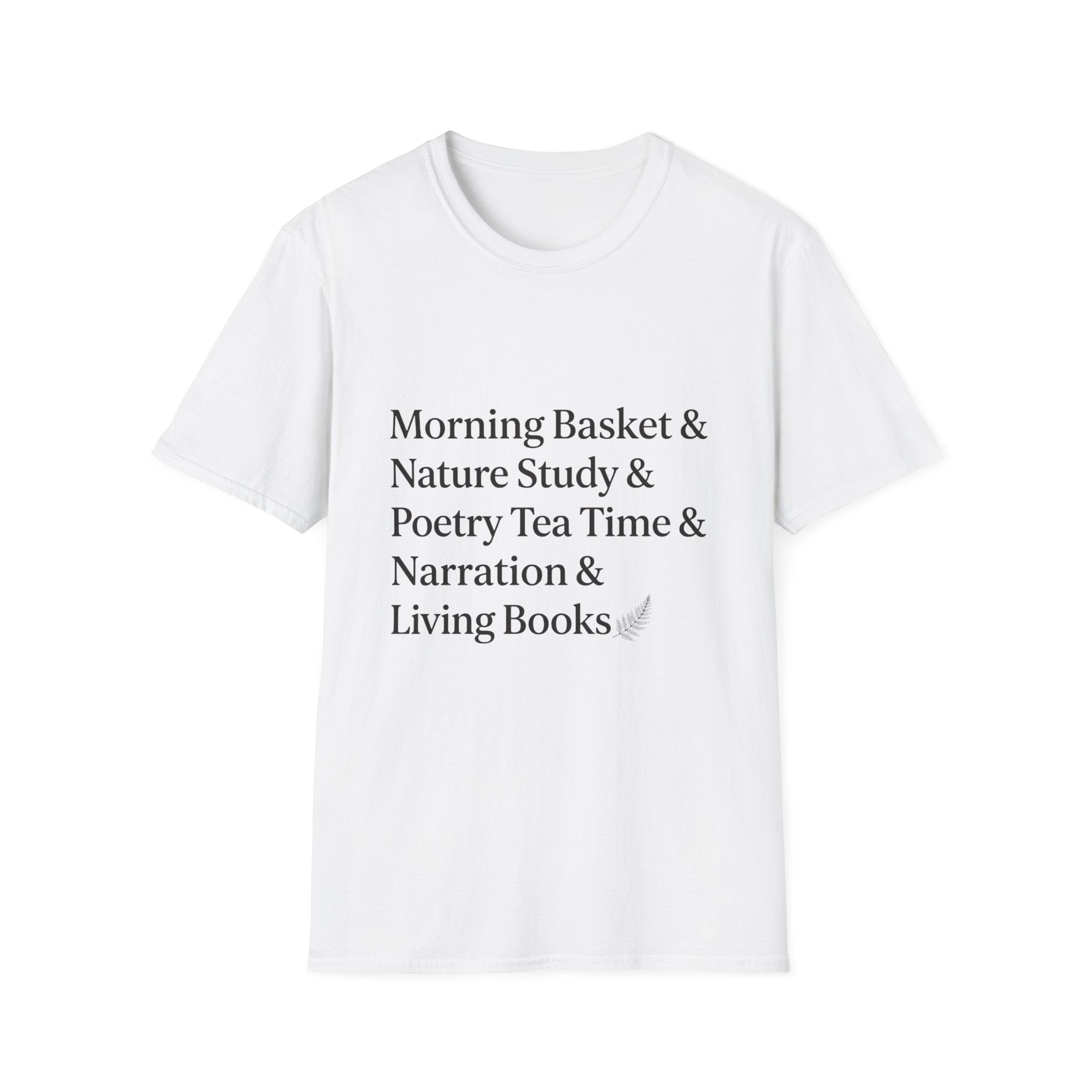 Living Books Check List homeschool mom graphic t-shirt with a playful checklist-style homeschool graphic with bookish and nature-inspired details