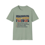Unschooling Protocol homeschool mom graphic t-shirt with an adventurous homeschool graphic with nature, books, and outdoor learning energy