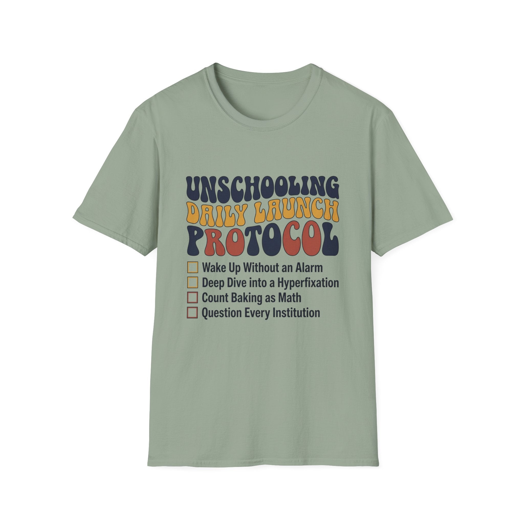 Unschooling Protocol homeschool mom graphic t-shirt with an adventurous homeschool graphic with nature, books, and outdoor learning energy