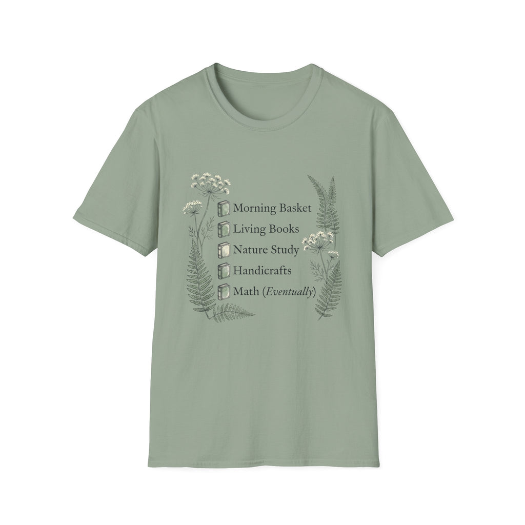 Homeschool Mom Check List homeschool mom graphic t-shirt with a playful checklist-style homeschool graphic with nature-inspired details