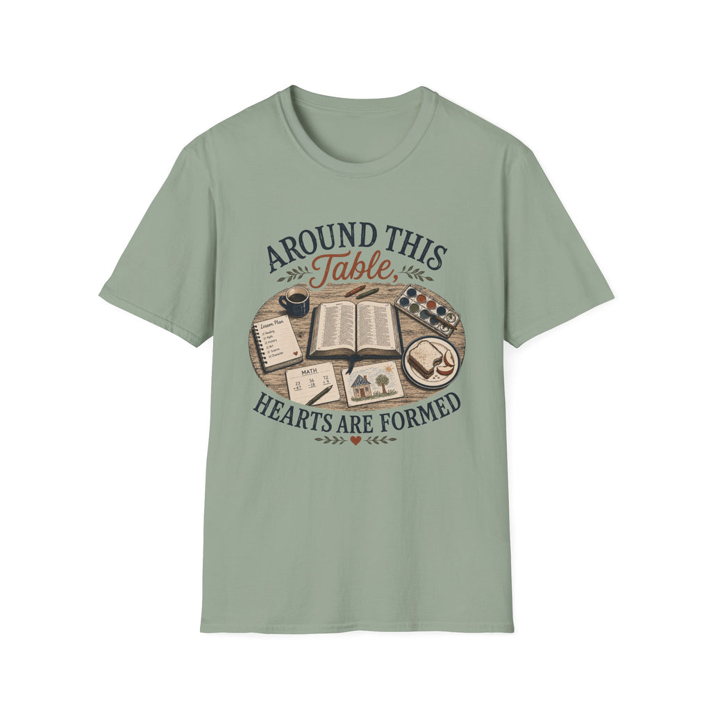 Around This Table homeschool mom graphic t-shirt with a gathered-at-home inspired graphic with books, florals, and cozy family learning details