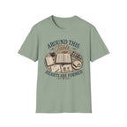 Around This Table homeschool mom graphic t-shirt with a gathered-at-home inspired graphic with books, florals, and cozy family learning details