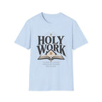 Holy Work Lesson By Lesson homeschool mom graphic t-shirt with a faith-filled homeschool design with gentle lettering and classic illustrative details