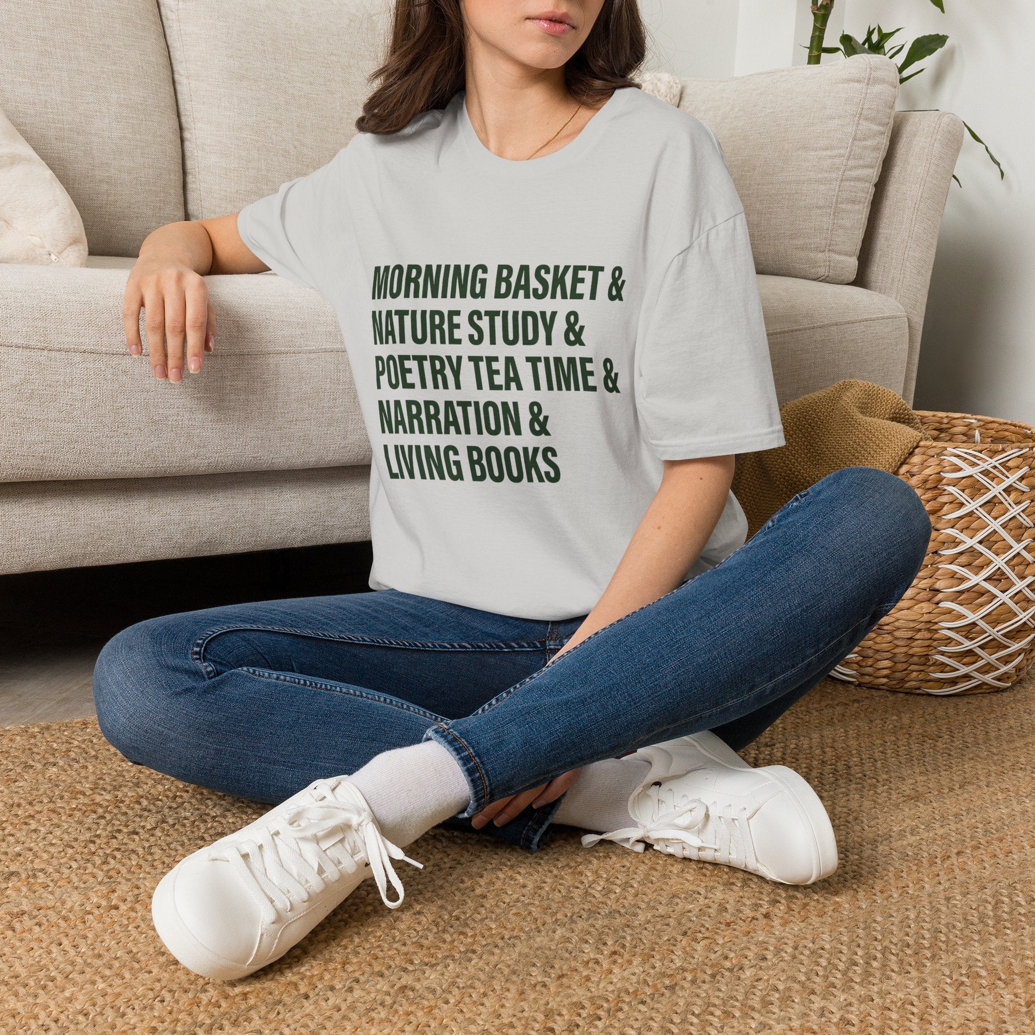 Narration Check List homeschool mom graphic t-shirt with a playful checklist-style homeschool graphic with bookish and nature-inspired details