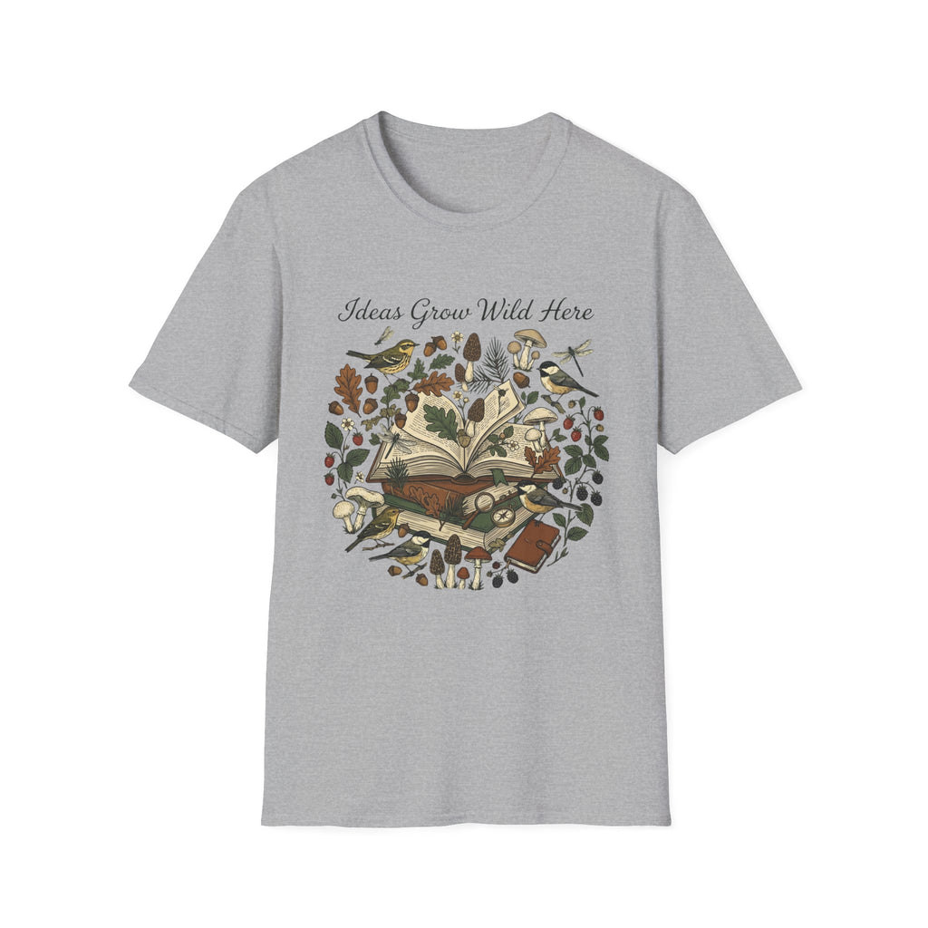 Ideas Grow Wild Here homeschool mom graphic t-shirt with an adventurous homeschool graphic with nature, books, and outdoor learning energy