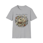 Ideas Grow Wild Here homeschool mom graphic t-shirt with an adventurous homeschool graphic with nature, books, and outdoor learning energy
