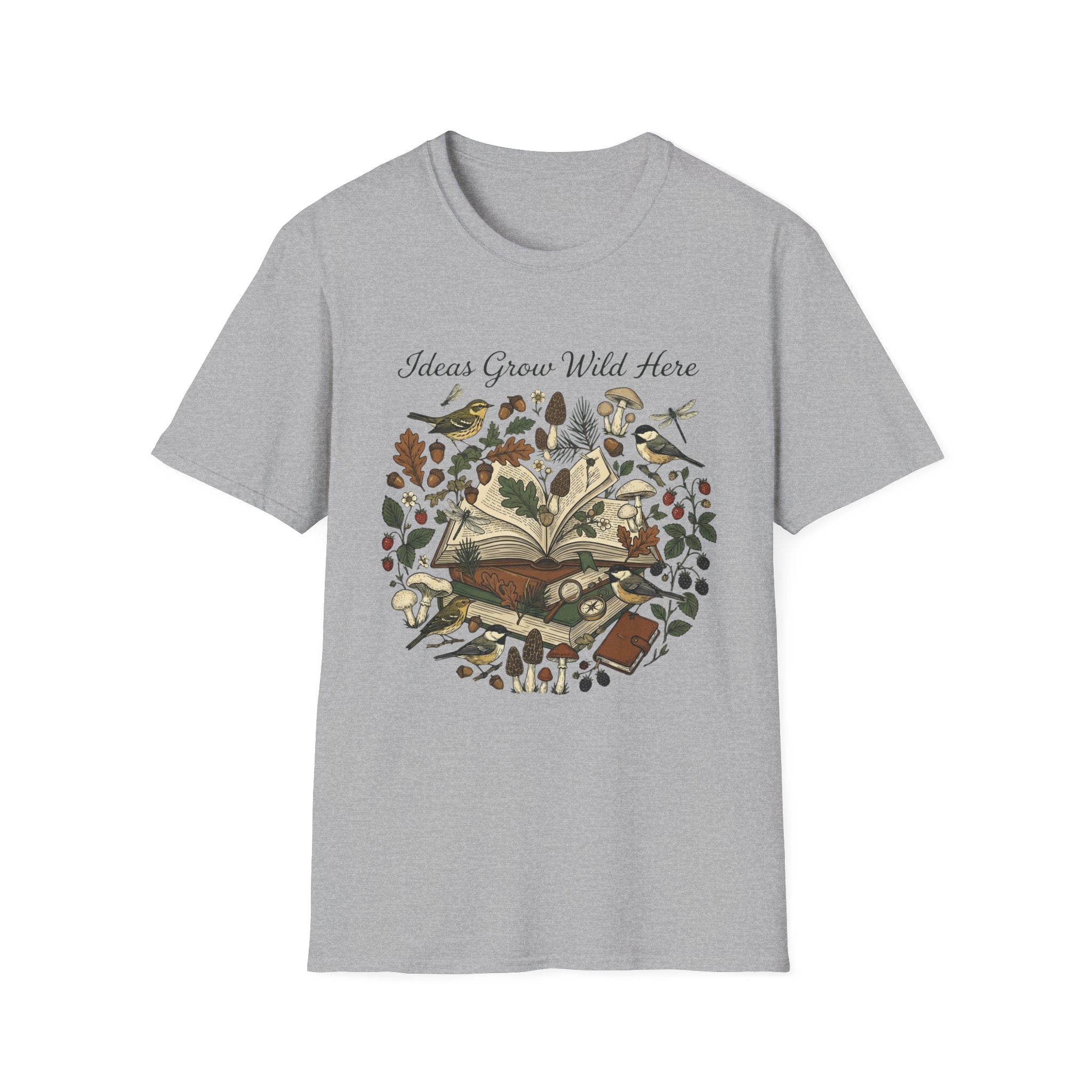 Ideas Grow Wild Here homeschool mom graphic t-shirt with an adventurous homeschool graphic with nature, books, and outdoor learning energy