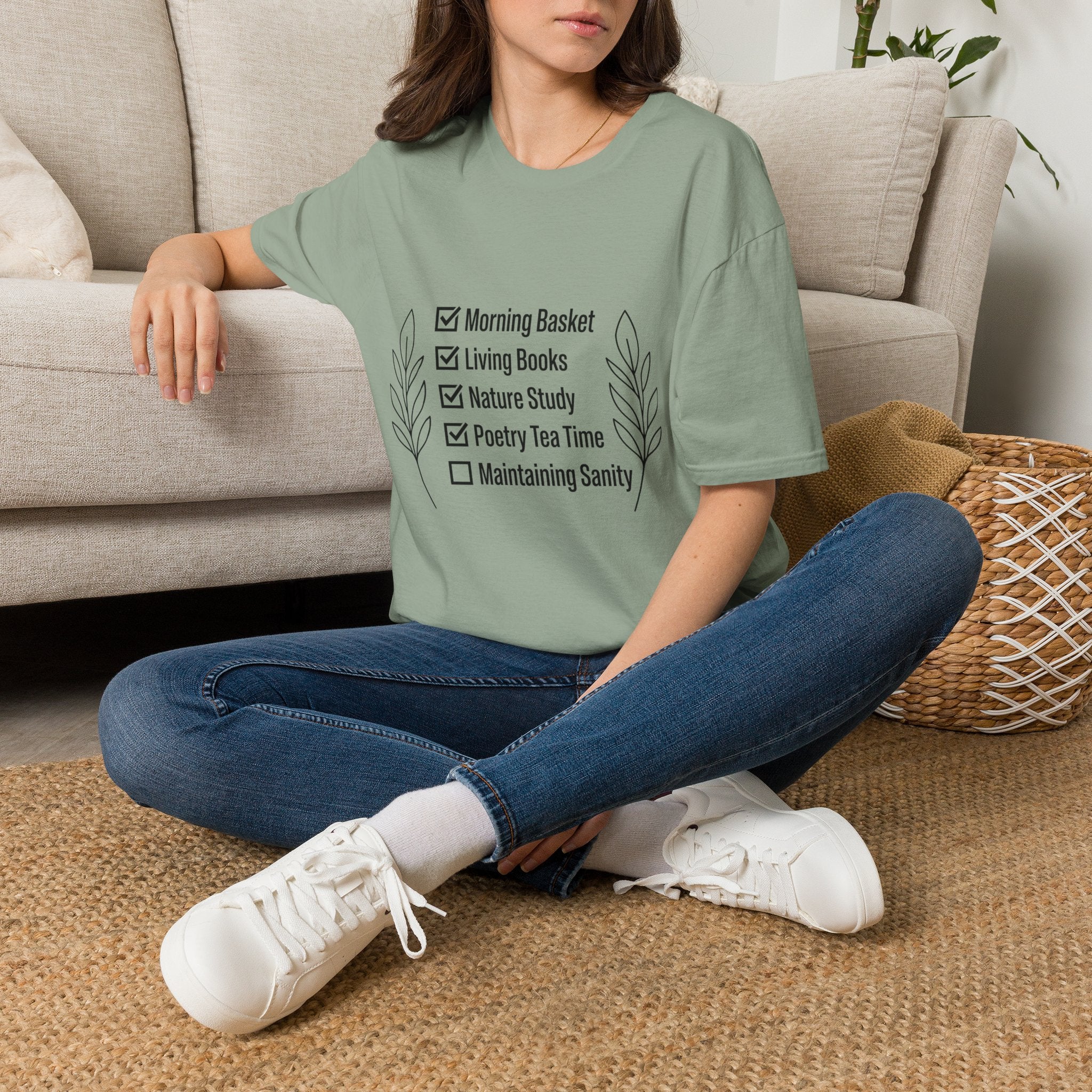 Homeschool Check List homeschool mom graphic t-shirt with a playful checklist-style homeschool graphic with bookish and nature-inspired details