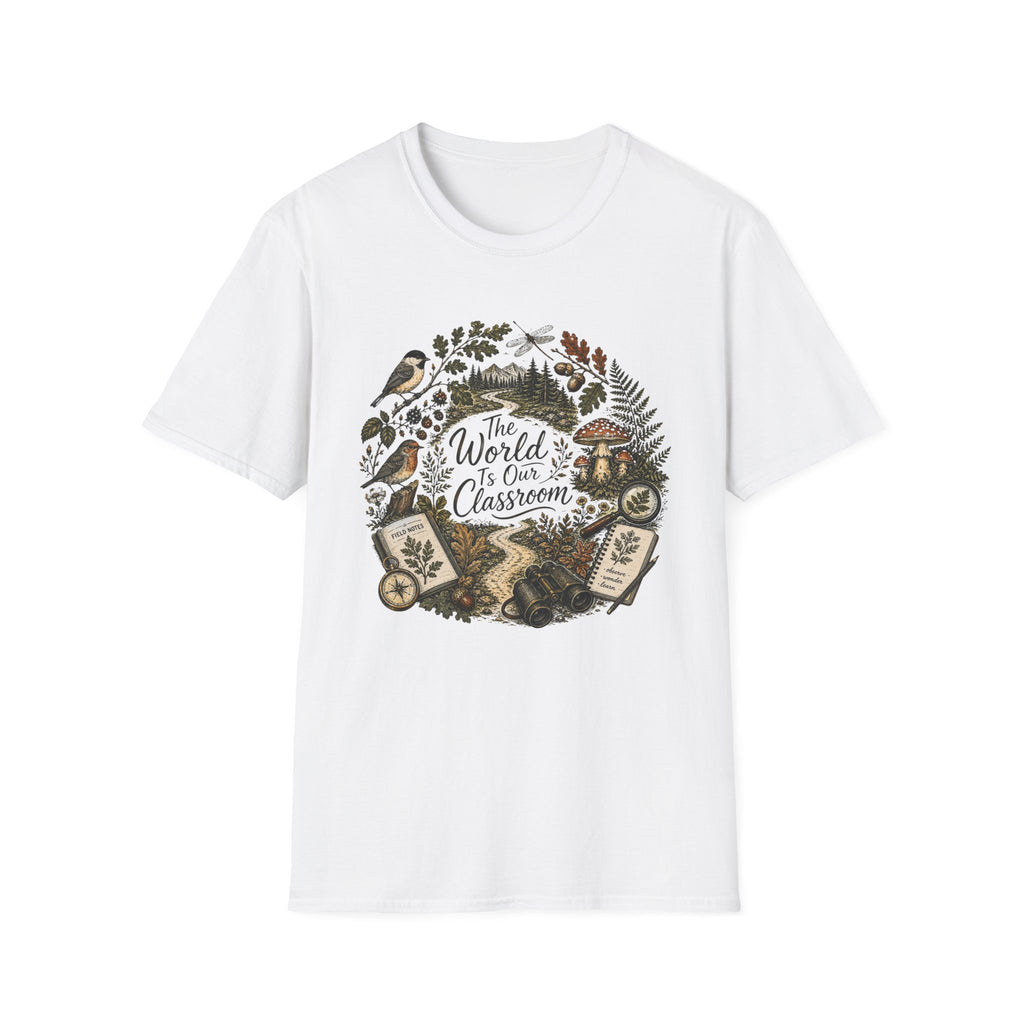 The World Is Our Classroom homeschool mom graphic t-shirt with an adventurous homeschool graphic with nature, books, and outdoor learning energy