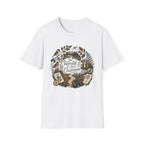 The World Is Our Classroom homeschool mom graphic t-shirt with an adventurous homeschool graphic with nature, books, and outdoor learning energy