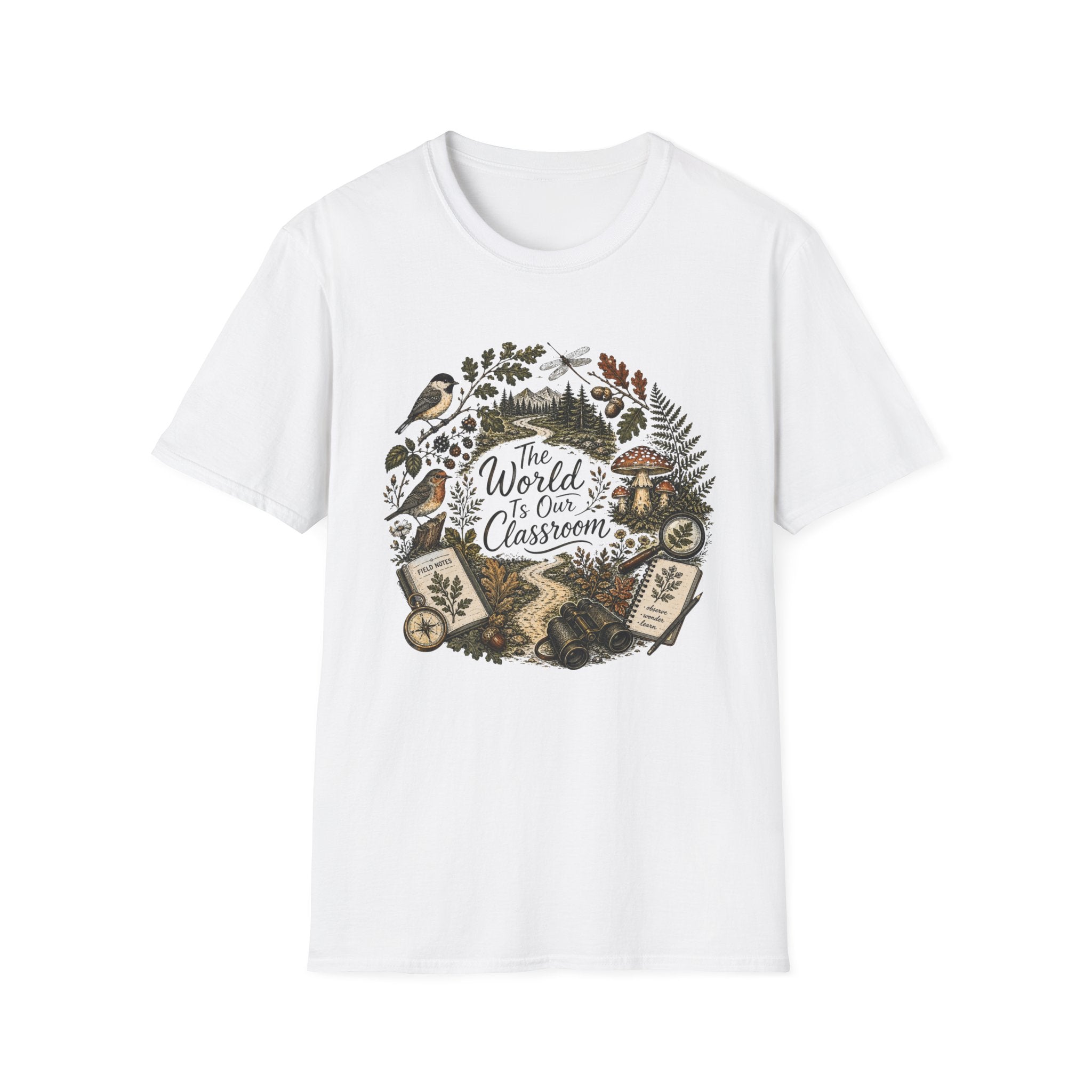 The World Is Our Classroom homeschool mom graphic t-shirt with an adventurous homeschool graphic with nature, books, and outdoor learning energy