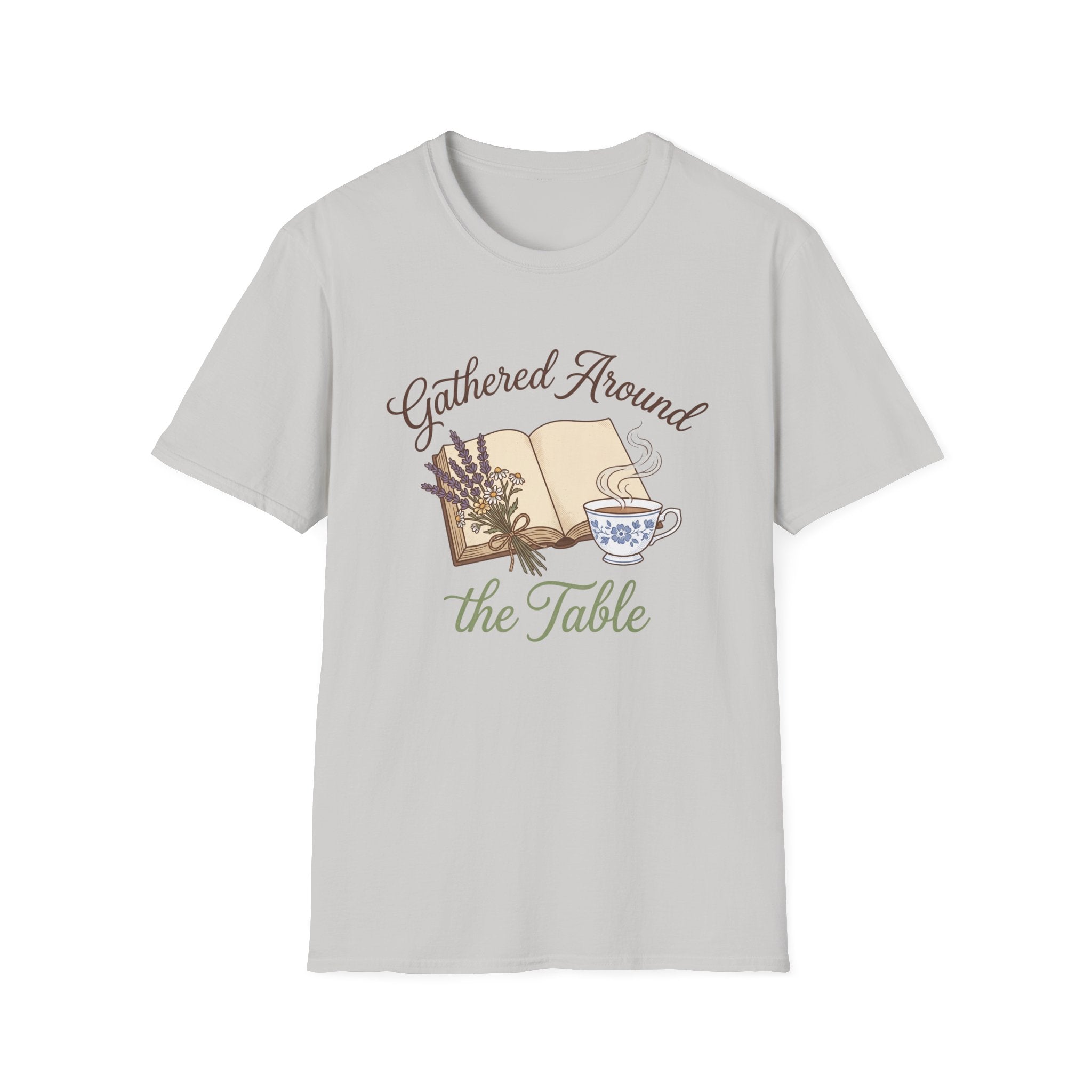 Gathered Around The Table homeschool mom graphic t-shirt with a gathered-at-home inspired graphic with books, florals, and cozy family learning details