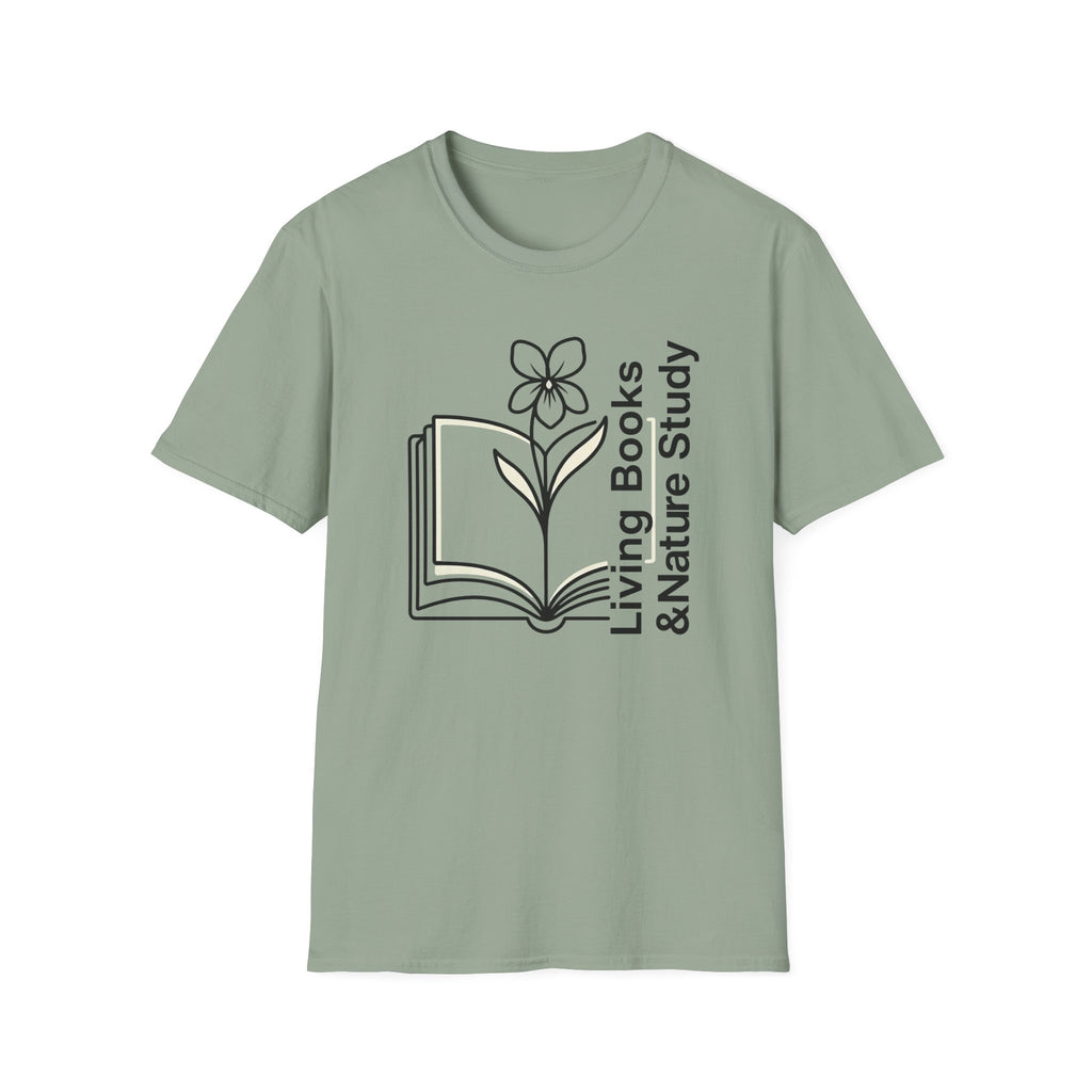 Living Books Nature Study with Flower homeschool mom graphic t-shirt with a Charlotte Mason-inspired design with books, nature details, and vintage homeschool charm