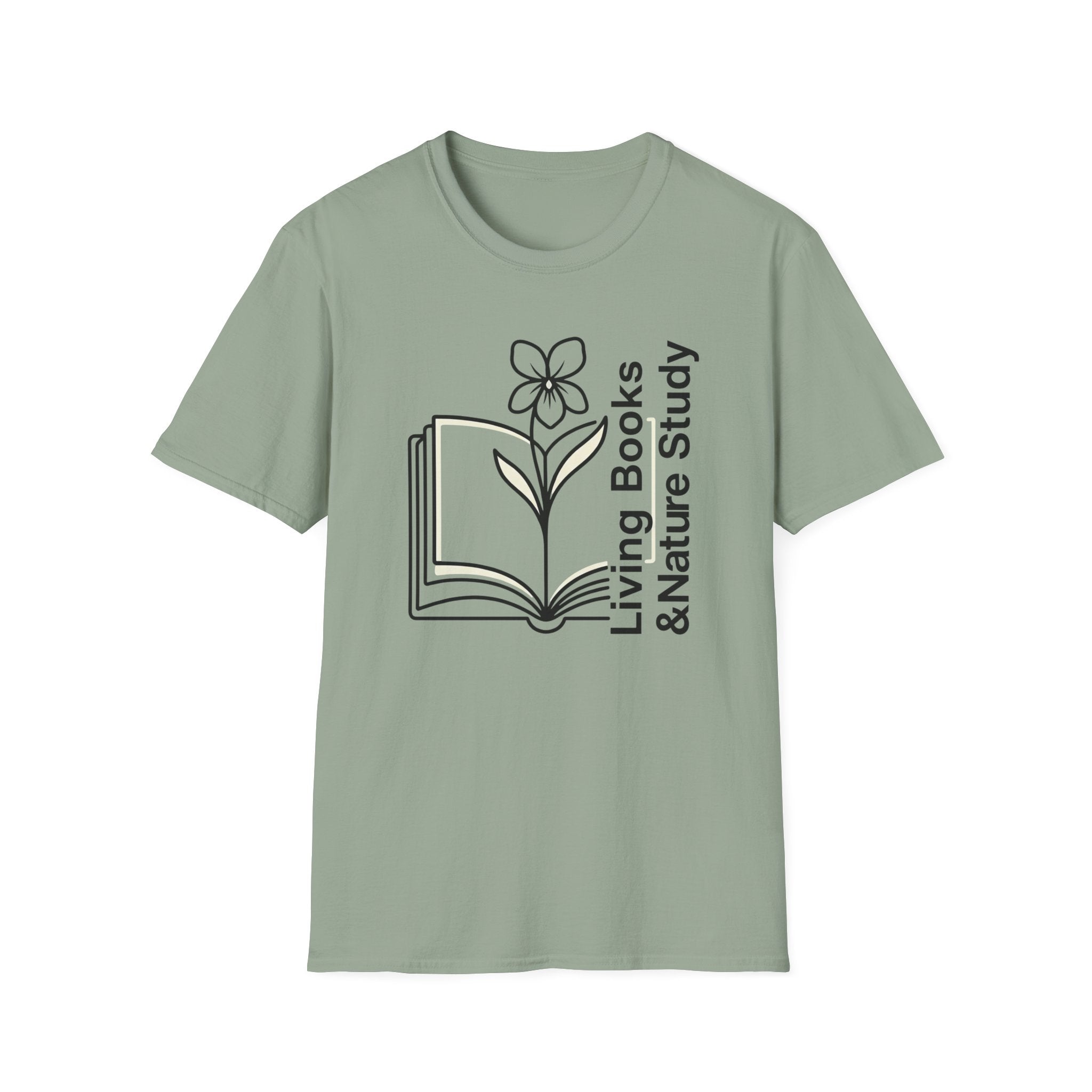 Living Books Nature Study with Flower homeschool mom graphic t-shirt with a Charlotte Mason-inspired design with books, nature details, and vintage homeschool charm