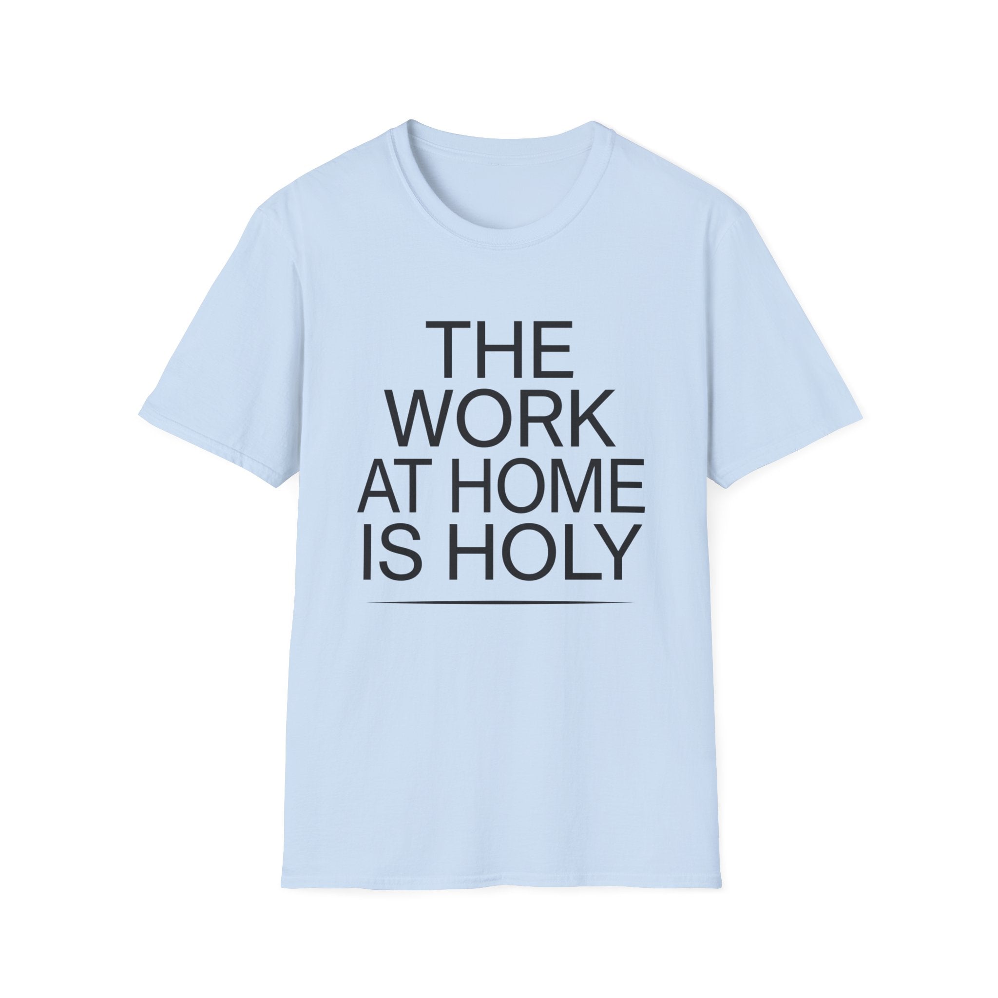 Work At Home Is Holy homeschool mom graphic t-shirt with a gathered-at-home inspired graphic with books, florals, and cozy family learning details
