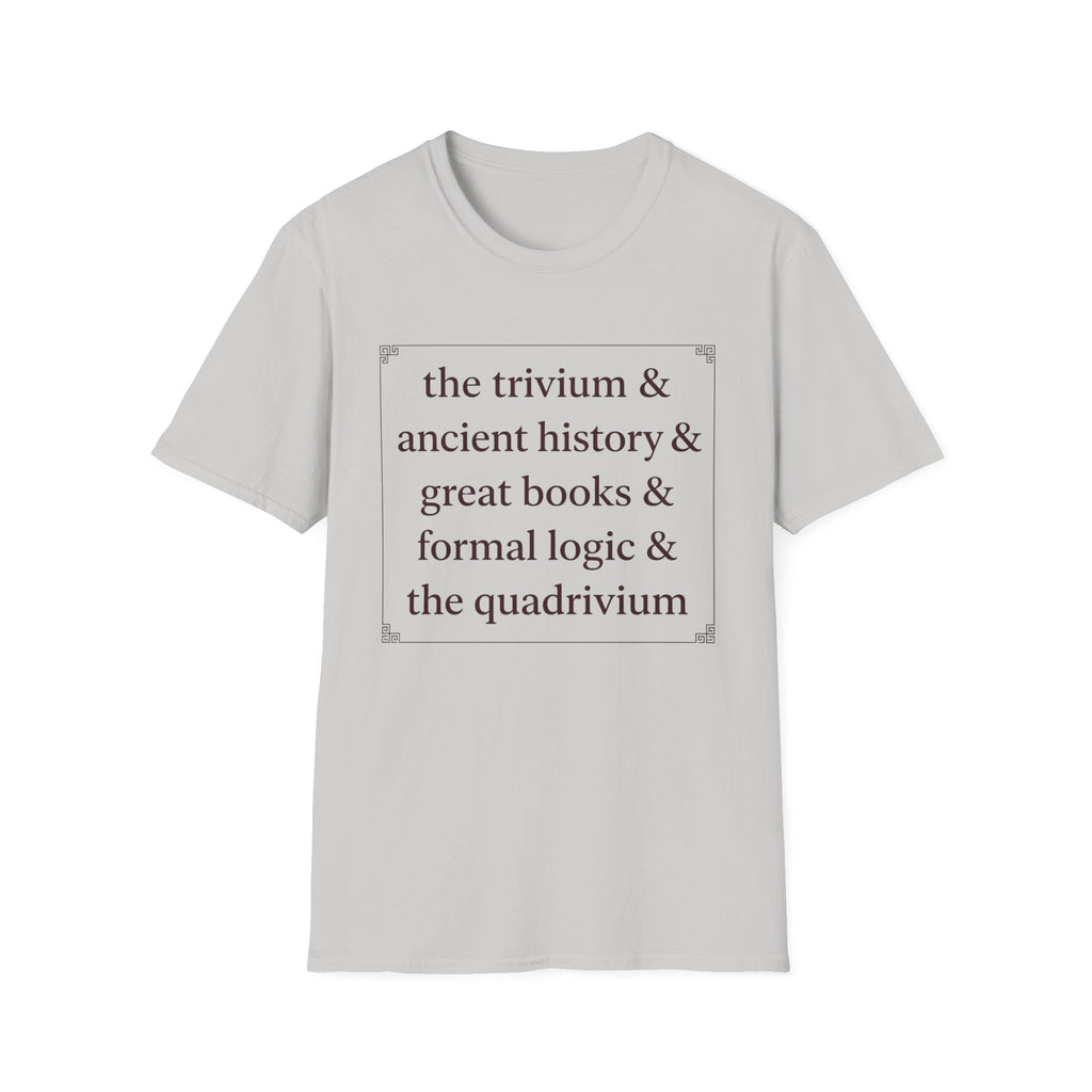 Trivium Check List homeschool mom graphic t-shirt with a playful checklist-style homeschool graphic with bookish and nature-inspired details