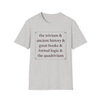 Trivium Check List homeschool mom graphic t-shirt with a playful checklist-style homeschool graphic with bookish and nature-inspired details