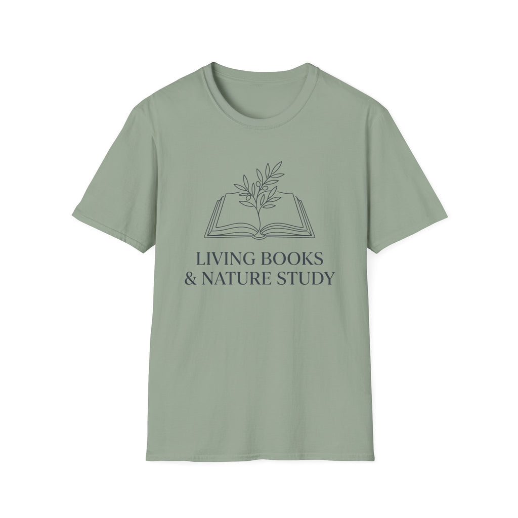Living Books with Flowers homeschool mom graphic t-shirt with a Charlotte Mason-inspired design with books, nature details, and vintage homeschool charm