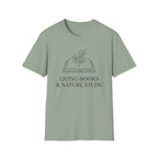 Living Books with Flowers homeschool mom graphic t-shirt with a Charlotte Mason-inspired design with books, nature details, and vintage homeschool charm