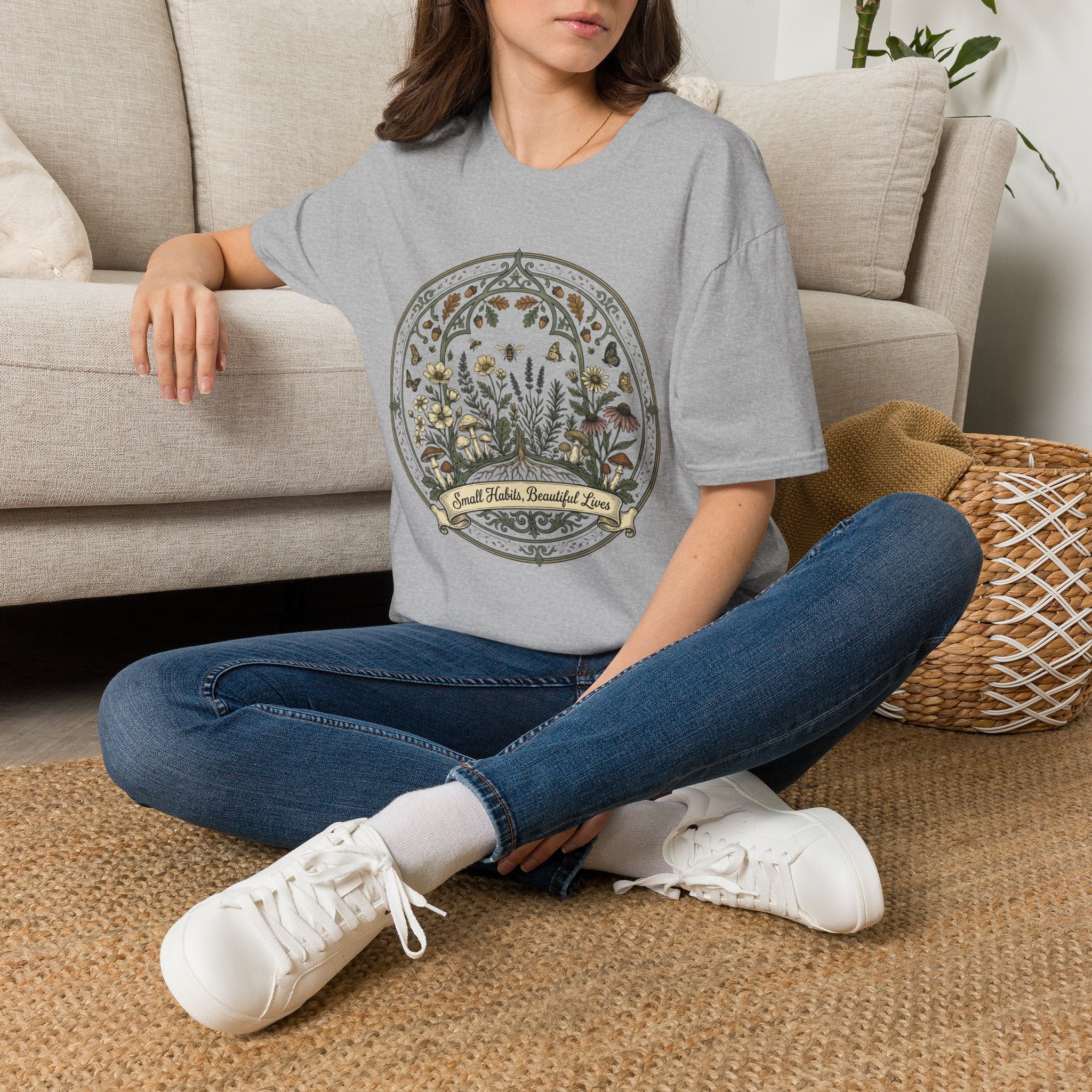 Small Habits Beautiful Lives homeschool mom graphic t-shirt with a warm homeschool-inspired graphic with thoughtful lettering