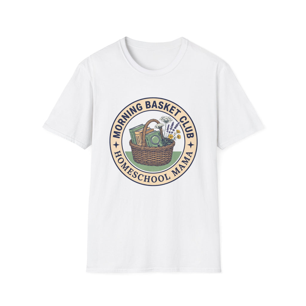 Morning Basket Club homeschool mom graphic t-shirt with a cozy morning basket-inspired design with books, gentle details, and home learning charm