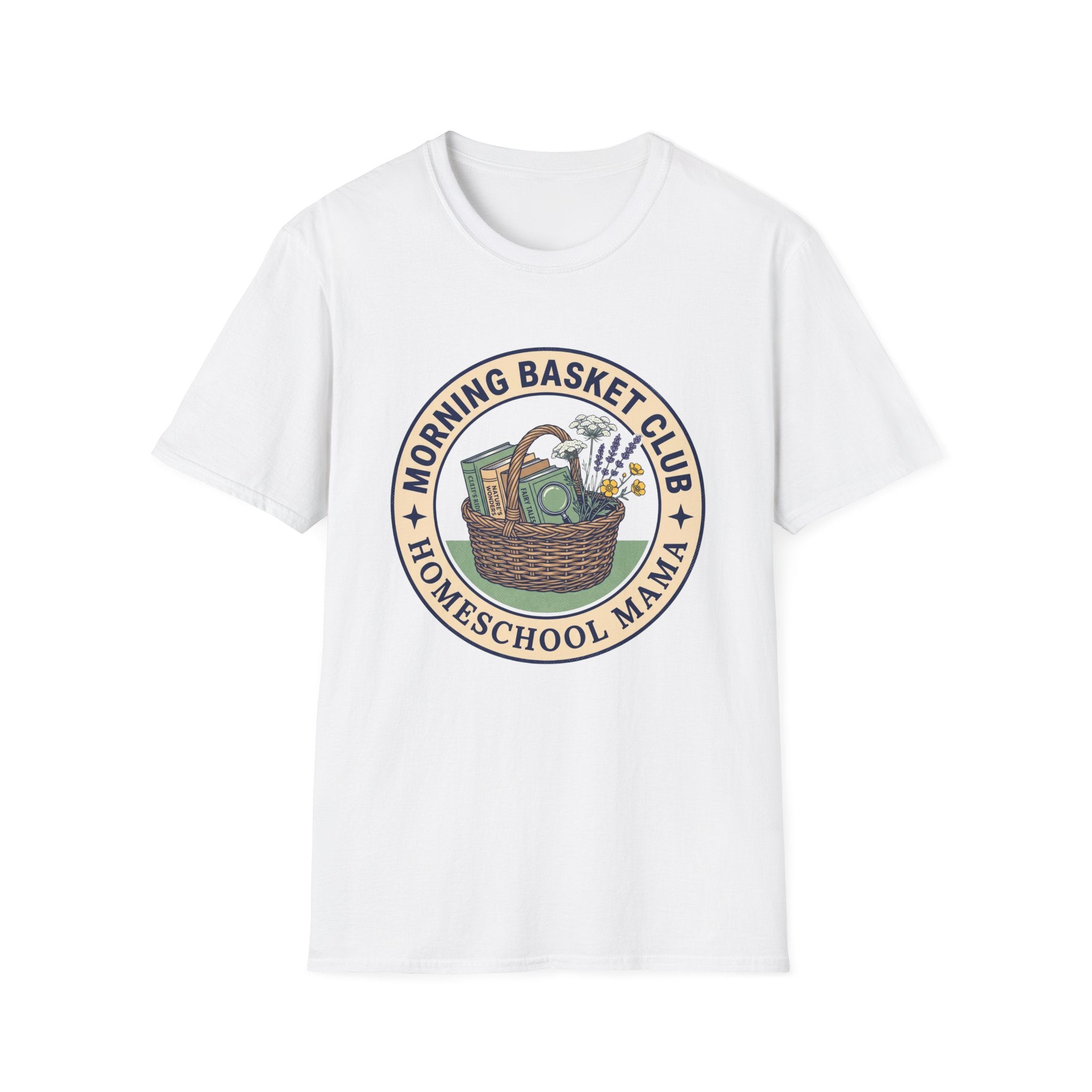 Morning Basket Club homeschool mom graphic t-shirt with a cozy morning basket-inspired design with books, gentle details, and home learning charm