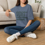 Scouting Trails Check List homeschool mom graphic t-shirt with a playful checklist-style homeschool graphic with bookish and nature-inspired details