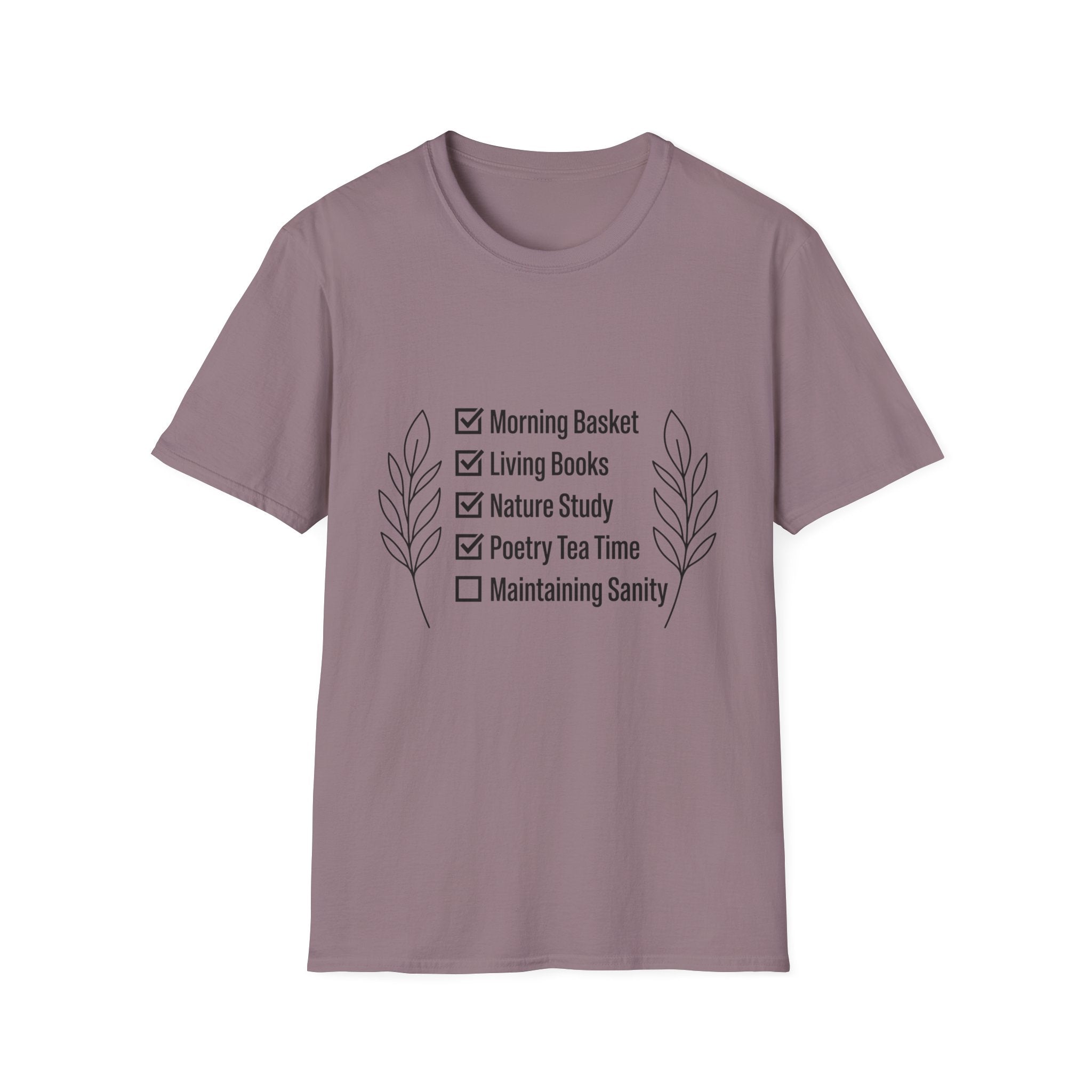 Homeschool Check List homeschool mom graphic t-shirt with a playful checklist-style homeschool graphic with bookish and nature-inspired details