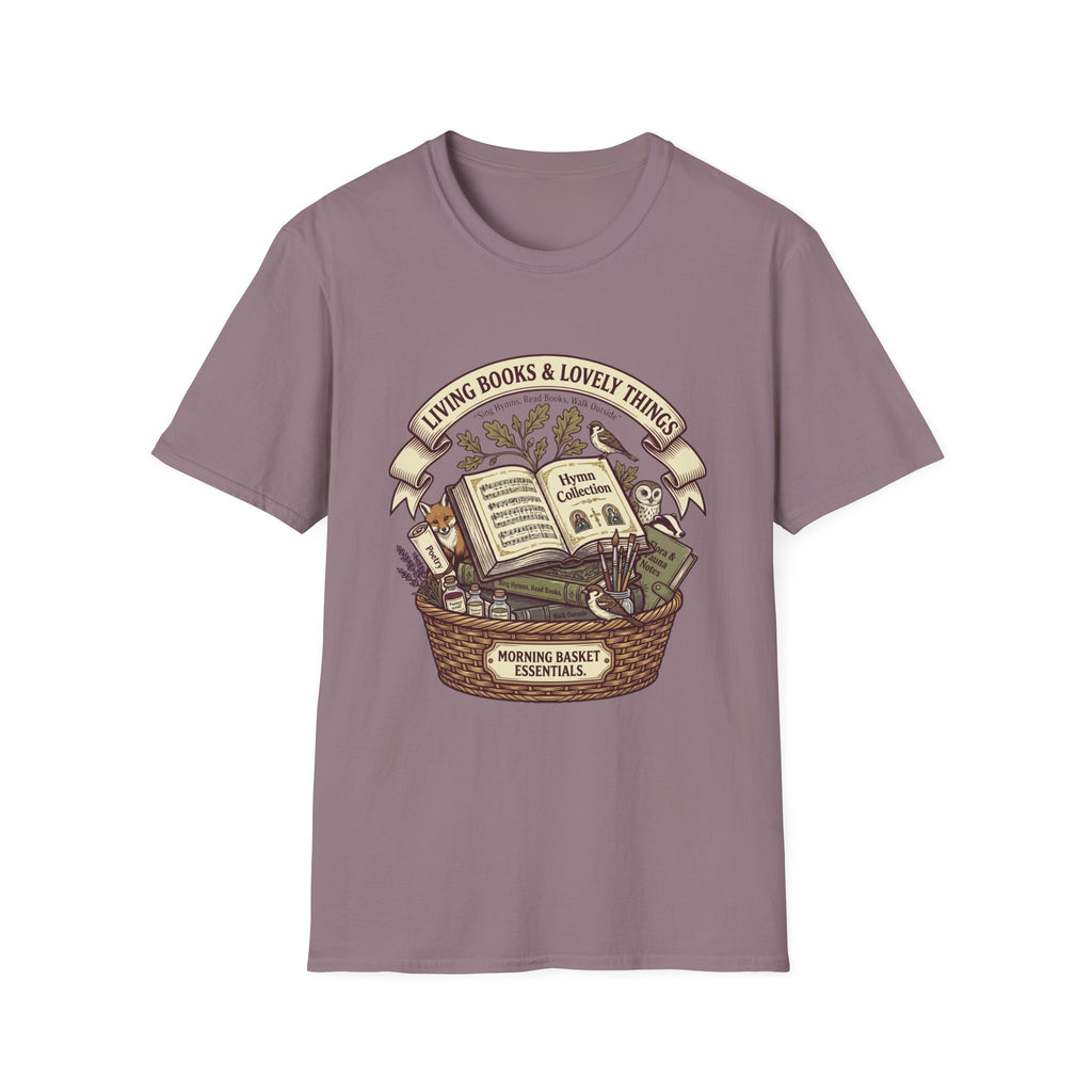 Living Books & Lovely Things homeschool mom graphic t-shirt with a Charlotte Mason-inspired design with books, nature details, and vintage homeschool charm