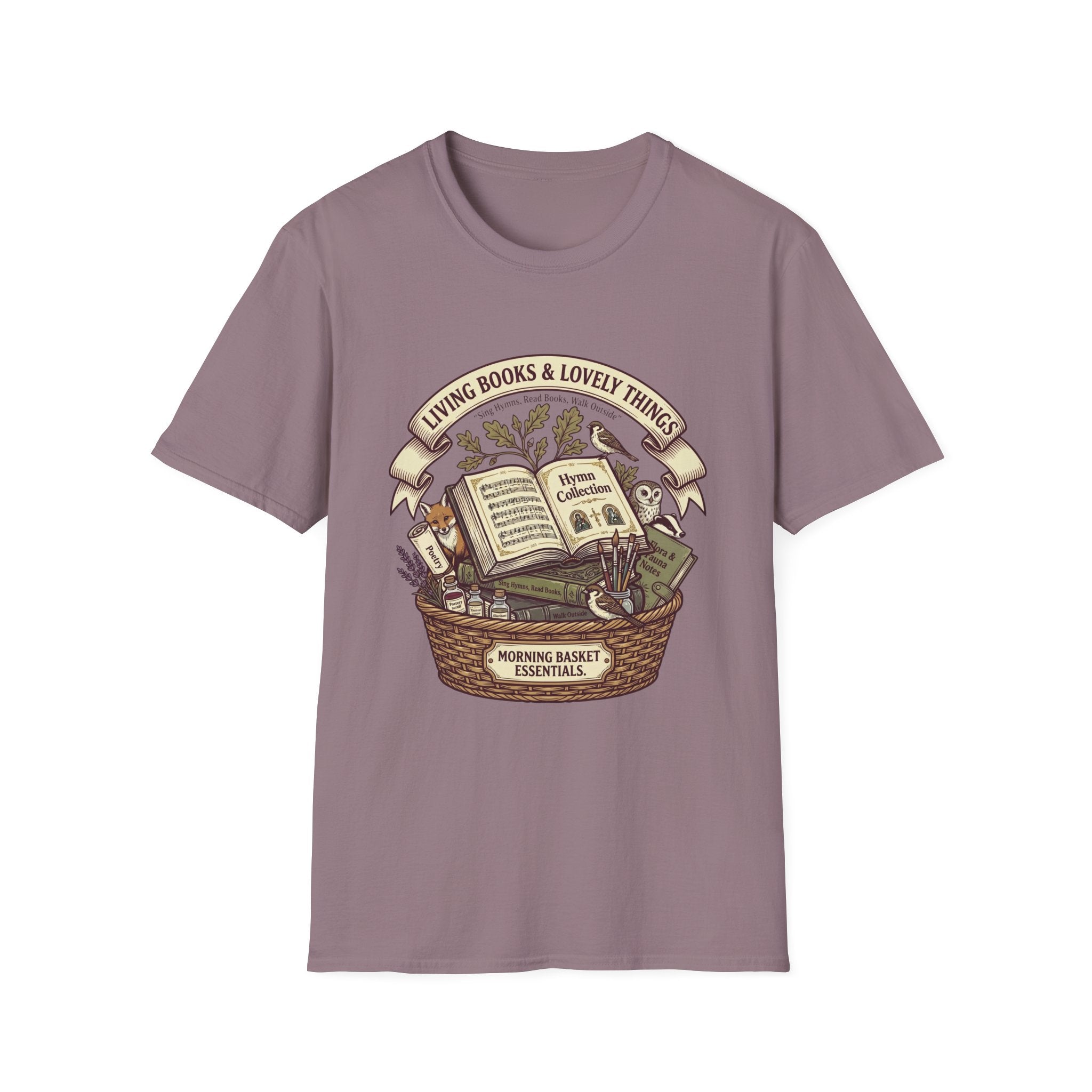 Living Books & Lovely Things homeschool mom graphic t-shirt with a Charlotte Mason-inspired design with books, nature details, and vintage homeschool charm