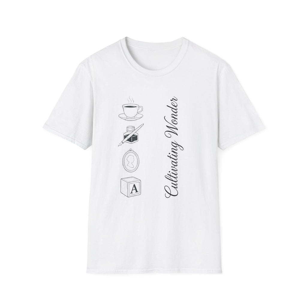 Cultivating Wonder homeschool mom graphic t-shirt with a Charlotte Mason-inspired design with books, nature details, and vintage homeschool charm