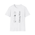 Cultivating Wonder homeschool mom graphic t-shirt with a Charlotte Mason-inspired design with books, nature details, and vintage homeschool charm