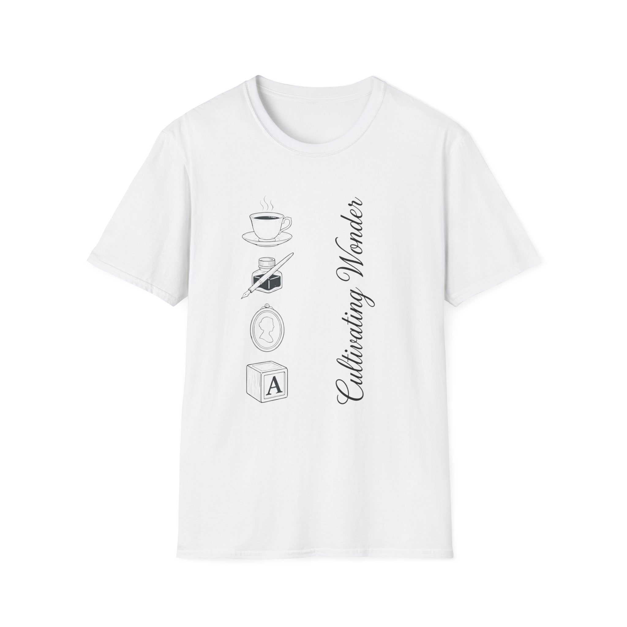 Cultivating Wonder homeschool mom graphic t-shirt with a Charlotte Mason-inspired design with books, nature details, and vintage homeschool charm
