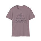 Living Books with Flowers homeschool mom graphic t-shirt with a Charlotte Mason-inspired design with books, nature details, and vintage homeschool charm